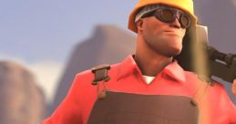 Engineer from Team Fortress 2 wearing a hard hat, holding tools, ready for construction in a rugged landscape.