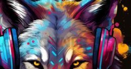 Colorful wolf art wearing headphones, vibrant splashes of paint create a dynamic and engaging musical theme. Perfect for Sprutzli fans!