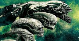 Illustration of iconic Alien creatures from the franchise, showcasing their unique designs against a cosmic background.