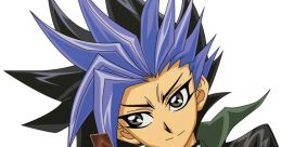 Yuto Mine showcasing his signature card pose, featuring blue spiky hair and stylish attire. A character from anime series.