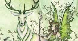 Faery with green gown and wings stands beside a mystical deer, set in a vibrant forest scene inspired by Faerys Del Araj.