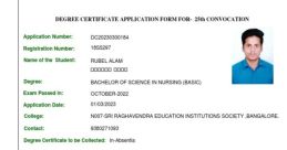 Degree certificate application for Rubel Alam, Bachelor of Science in Nursing from Rajiv Gandhi University, Karnataka.