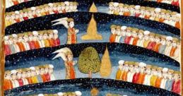 Artistic depiction of Jannah, showcasing celestial imagery with figures, trees, and intricate details illustrating paradise.