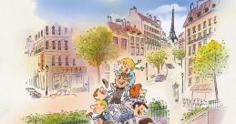 Bright illustration from "El pequeño Nicolás," showcasing joyful adventures in Paris with friends and iconic landmarks.