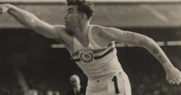 John Savidge, dynamic athlete, preparing for a shot put throw at a historic sporting event, showcasing strength and focus.