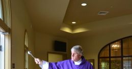 Clergy member in purple vestments blessing a space, symbolizing spiritual guidance and renewal. Hampton Davis ministry moment.