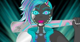 Cyberpainter character with vibrant hair, futuristic attire, and a bat, showcasing a unique blend of cybernetic design.