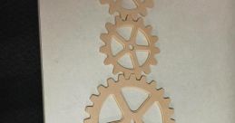 Wooden gears of various sizes arranged in a line, showcasing intricate designs and craftsmanship. Ideal for projects.