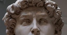 Close-up of Michelangelo's David, showcasing detailed facial expression and intricate marble workmanship. Iconic Renaissance art.