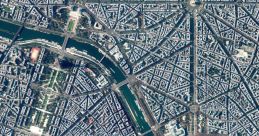 Aerial view of Paris highlighting geometric street layout, Seine River, and notable landmarks in the Paris Plancarte area.