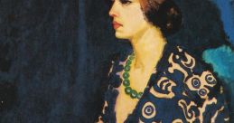 Portrait of a woman in a patterned blue dress, featuring a green necklace, by artist Arto van Dongen, showcasing expressionism.