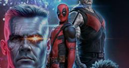 Action-packed "Deadpool 2" artwork featuring Deadpool, Cable, and Domino in a vibrant, dramatic setting.