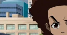 Huey Freeman stands pensively by a railing, with a modern cityscape behind him in "The Boondocks."