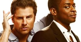 Two detectives from 'Psych' showcasing humor and camaraderie, with the show logo prominently featured in green.