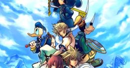 Sora, Kairi, and Riku with Donald and Goofy, showcasing iconic characters from Kingdom Hearts 2 against a vibrant sky.