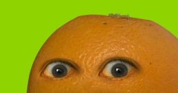 Annoying Orange character with exaggerated eyes and mouth, set against a vibrant green background. Fun and quirky design.