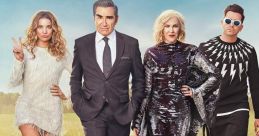 Cast of Schitt's Creek stylishly posing on a dirt road, showcasing unique fashion and playful personalities.