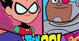 Dynamic characters from Teen Titans Go!, including Robin, Cyborg, Raven, Beast Boy, and Starfire, in vibrant colors.