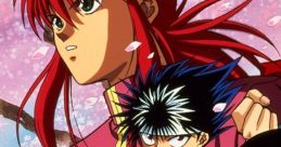 Anime characters from "Yu Yu Hakusho" in a cherry blossom scene, showcasing action and adventure in a vibrant setting.