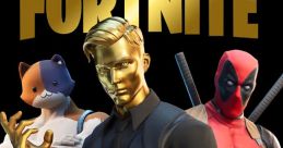 Iconic Fortnite characters including a golden figure, a cat, and Deadpool in epic battle-ready poses against a bold backdrop.