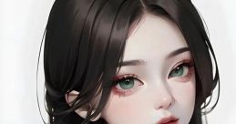 Ahlayan anime character features striking green eyes, long black hair, and a captivating, serene expression.