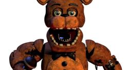 Vintage animatronic bear character with a microphone, showcasing wear and tear, embodying the eerie vibe of Five Nights at Bear's 5.