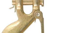 Golden lifting hook with a safety latch, designed for heavy-duty applications in construction and rigging equipment.