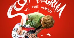 Scott Pilgrim rocking out with his bass guitar against a vibrant red background, featuring iconic movie branding.