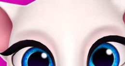 Close-up of My Talking Angela character, showcasing her playful expression and vibrant blue eyes against a pink background.