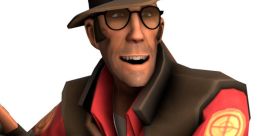 Sniper from Team Fortress 2 with a confident expression, wearing a brown hat and red shirt, ready for action.