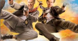 Dynamic duo in "The Other Guys" firing guns with intense action backdrop and police tape, showcasing comedy and adventure.