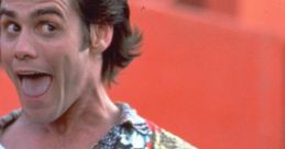 Jim Carrey as Ace Ventura, showcasing a playful expression with a vibrant Hawaiian shirt against a bright background.