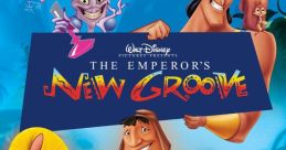 Characters from "The Emperor's New Groove" celebrate with a colorful title banner, showcasing humor and adventure.