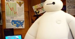 Baymax stands in a cozy room, surrounded by educational posters and a computer, showcasing a friendly, inflatable design.