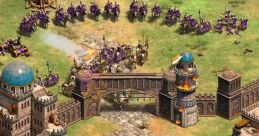 Epic battle scene in Age of Empires II, showcasing siege weapons and cavalry advancing toward fortified structures.