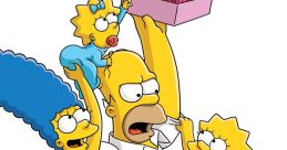 Homer Simpson joyfully holds a box of donuts, surrounded by his excited family: Marge, Bart, Lisa, and Maggie.