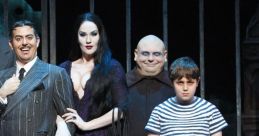 The Addams Family cast in quirky costumes, featuring Morticia, Gomez, Uncle Fester, and Wednesday Addams.