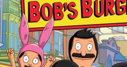 Bob's Burgers family celebrates with burgers in front of their iconic restaurant sign, showcasing fun and humor.