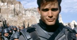 Heroic soldier in sci-fi armor, part of the iconic Starship Troopers squad, ready for battle against alien threats.