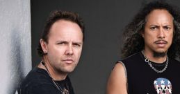 Lars Ulrich and Kirk Hammett of Metallica pose coolly, showcasing their iconic style and rock spirit in a dramatic setting.