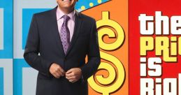 Drew Carey smiles confidently in a sharp suit near "The Price is Right" iconic colorful backdrop featuring dollar signs.