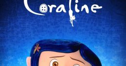 Coraline with blue hair stands central, surrounded by quirky characters in a vivid, whimsical backdrop. Laika's animated tale.