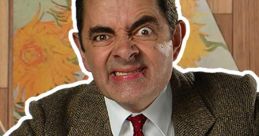 Mr. Bean making a funny face, wearing a brown suit and red tie, surrounded by art in a comical scene.