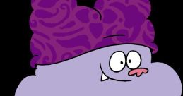 Chowder character wearing a vibrant purple outfit with a whimsical hairstyle, set against a black background.