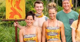 Kama tribe members pose together in colorful attire during a Survivor challenge, showcasing teamwork and camaraderie.