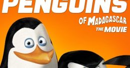 Four penguins from "Penguins of Madagascar" movie display playful expressions against an orange background.