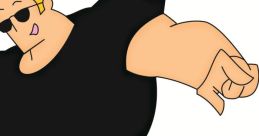 Johnny Bravo striking a playful pose in a black shirt and sunglasses, showcasing his signature muscular look and iconic style.