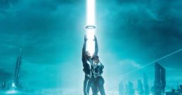 Tron Legacy film poster featuring characters merging under a glowing ring and bright light in a futuristic digital world.