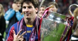 Lionel Messi celebrating UEFA Champions League victory, holding the trophy and flashing a victory sign.