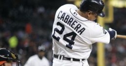 Miguel Cabrera hitting a baseball, showcasing his batting technique during an MLB game. Athletic action captured on the field.